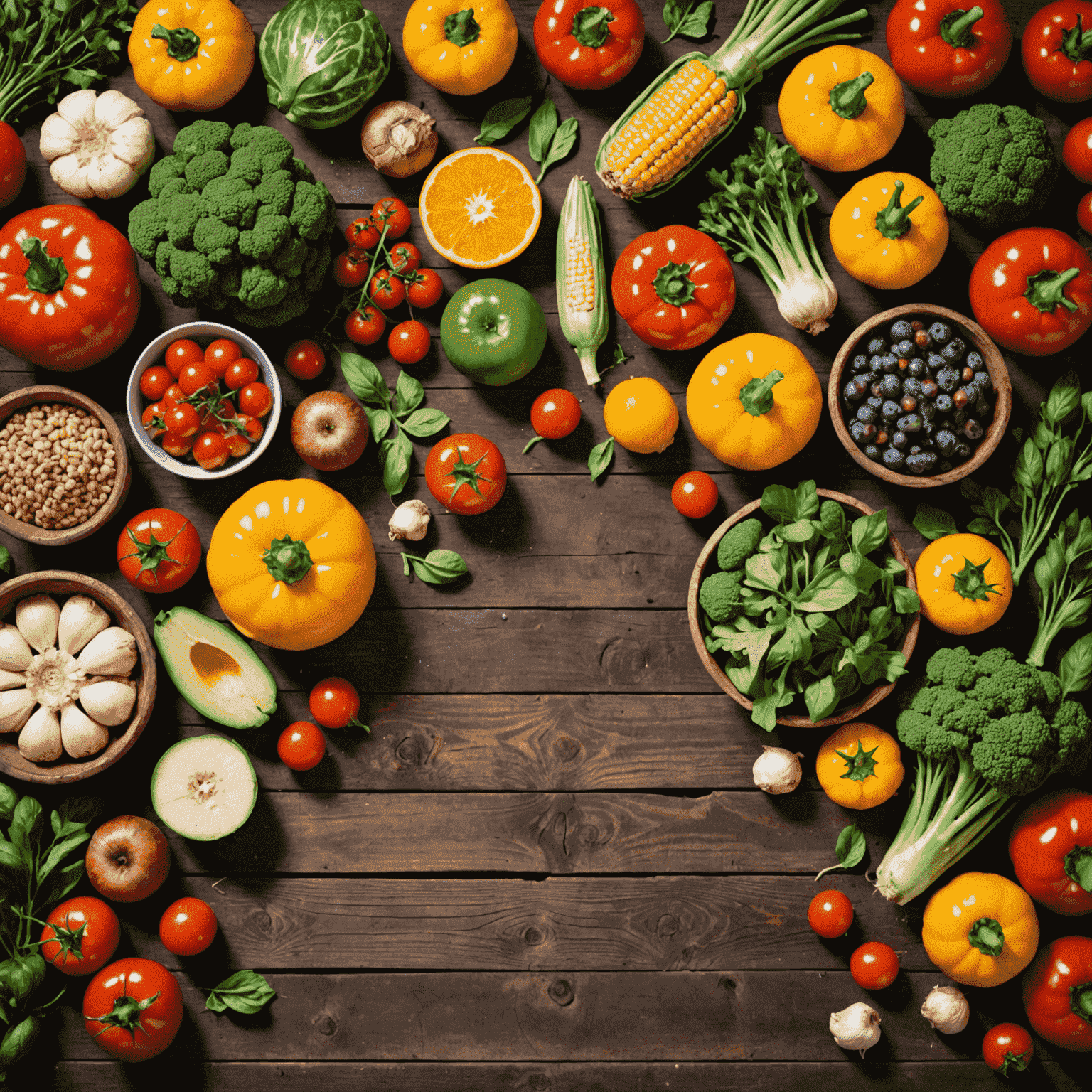 Various colorful seasonal ingredients including fresh vegetables, fruits, and herbs arranged on a rustic wooden table