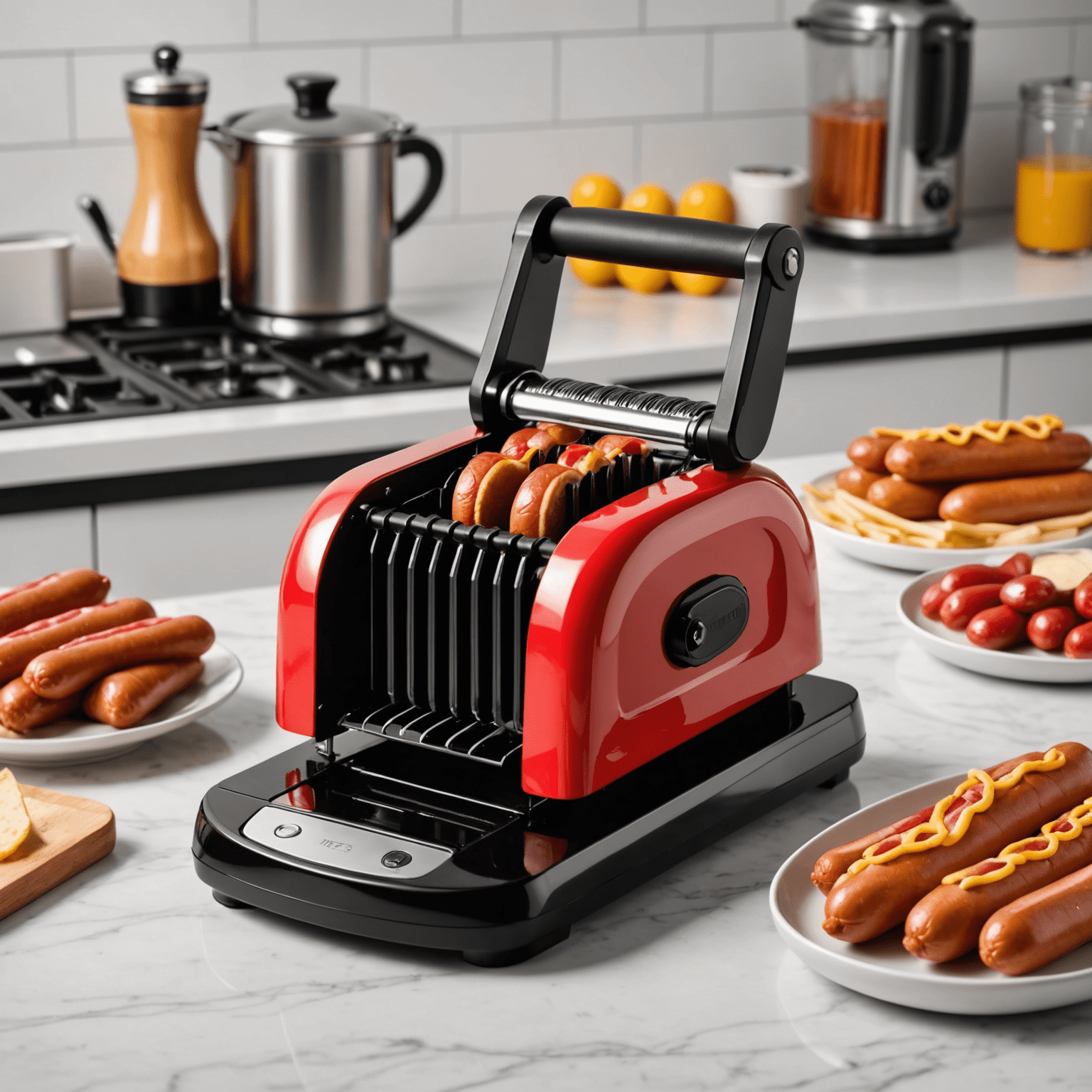 A sleek, red and black wiener slicer with multiple blades, sitting on a modern kitchen counter next to perfectly sliced hot dogs