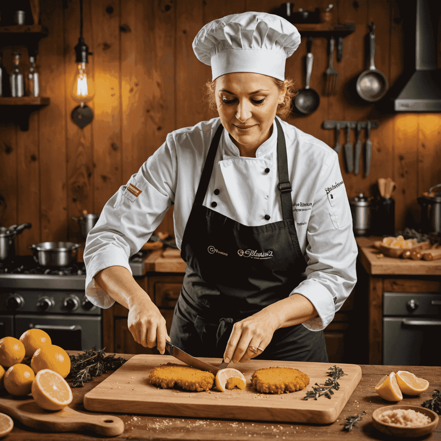 Chef Maria Schulz demonstrating the perfect technique for preparing Wiener Schnitzel, with a golden-brown breaded cutlet on a wooden cutting board
