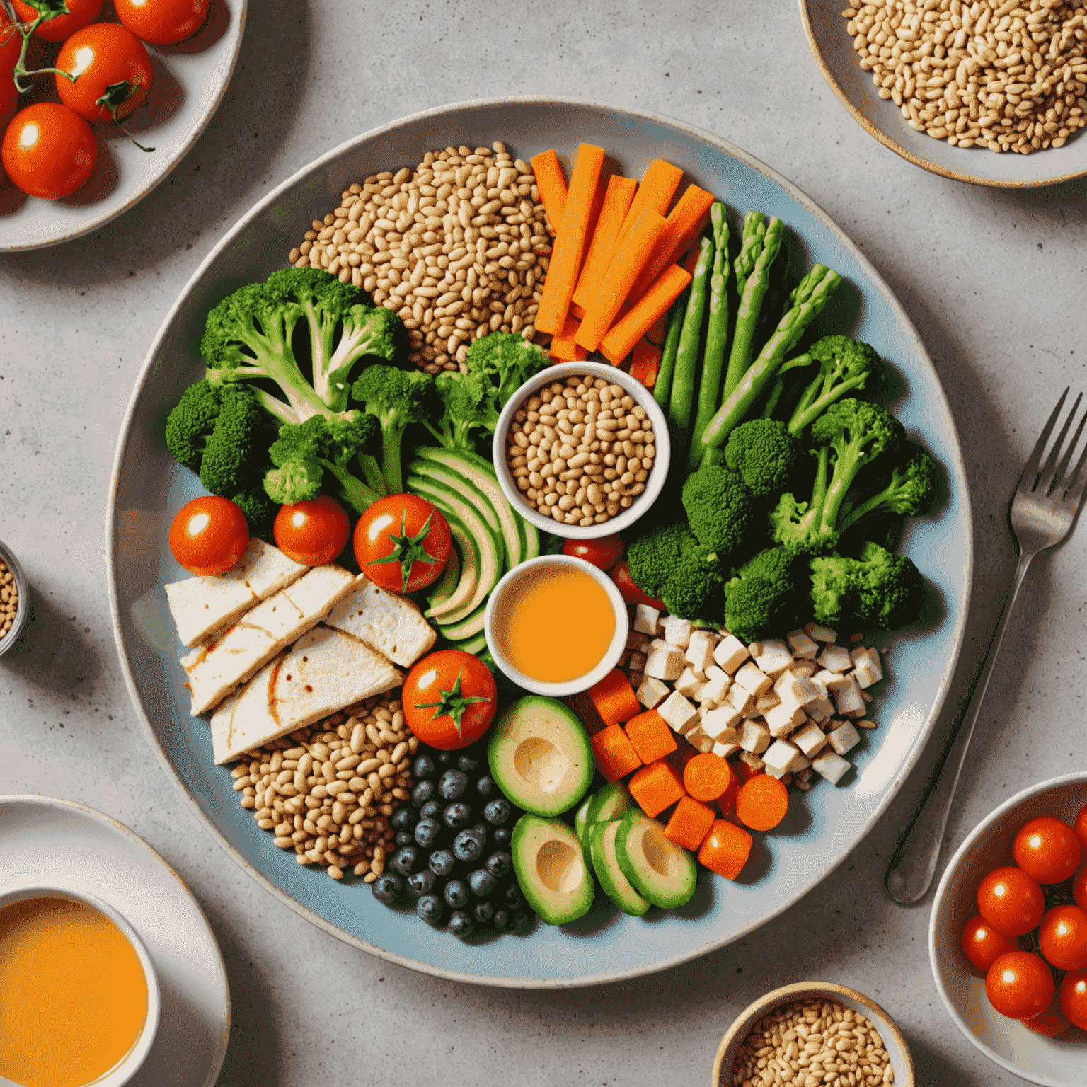 A colorful plate with various healthy foods arranged in sections, representing a balanced meal plan. The image includes vegetables, lean proteins, and whole grains.