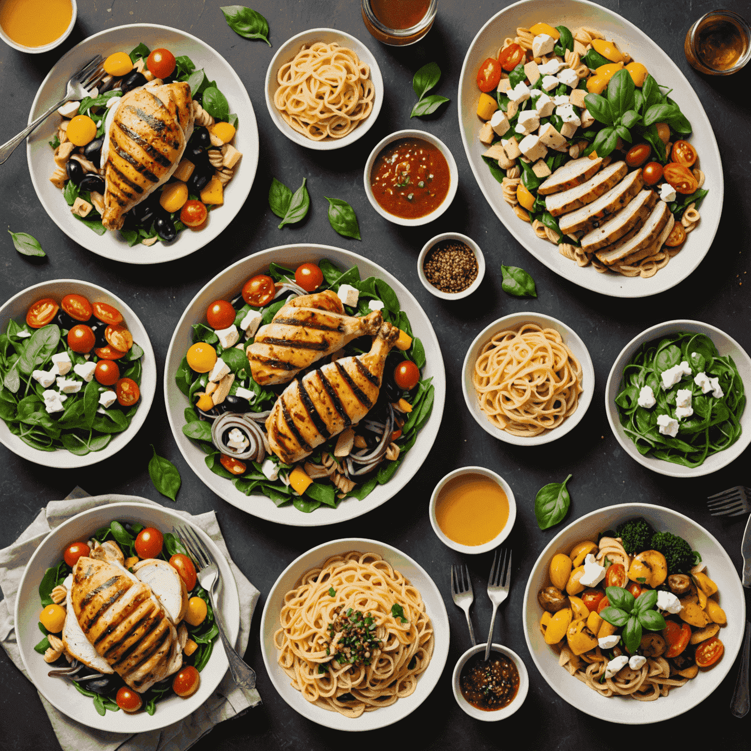 A collage of healthy, diverse meals including a colorful salad, grilled chicken, and a vegetarian pasta dish, symbolizing personalized meal planning