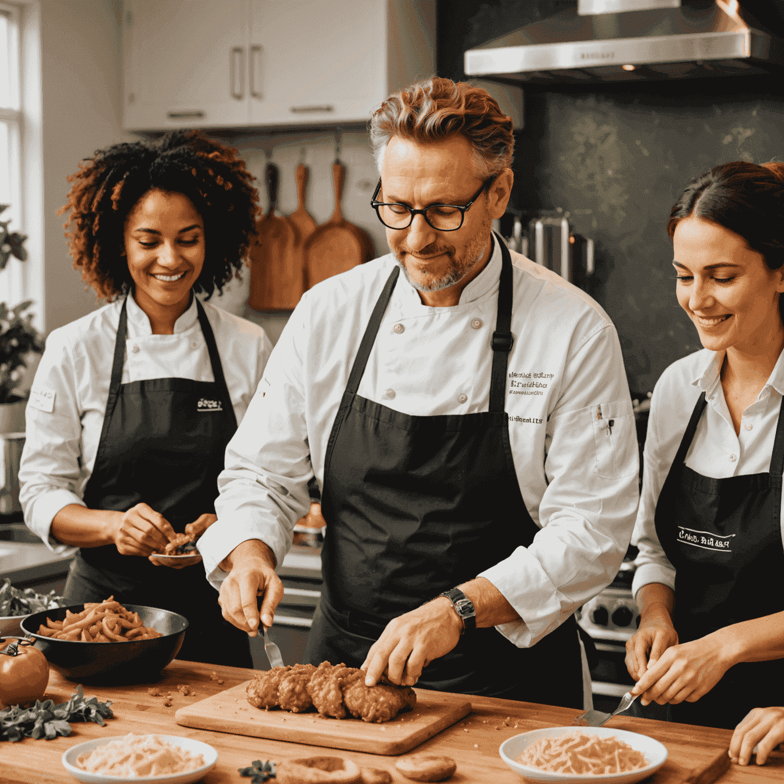 A group of people participating in an interactive online cooking class, with a chef demonstrating how to prepare a wiener schnitzel