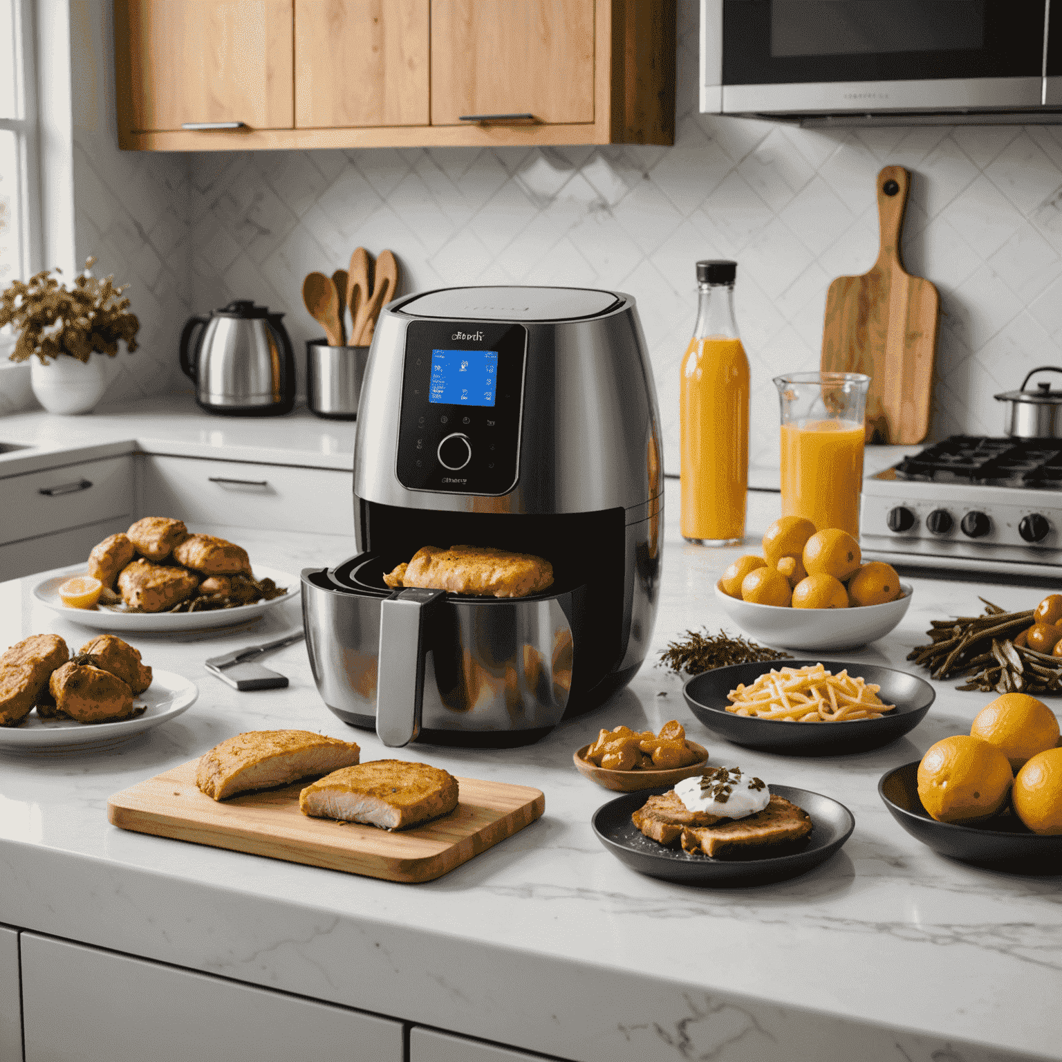 An array of modern kitchen gadgets including a sous vide machine, air fryer, and smart scale on a sleek countertop