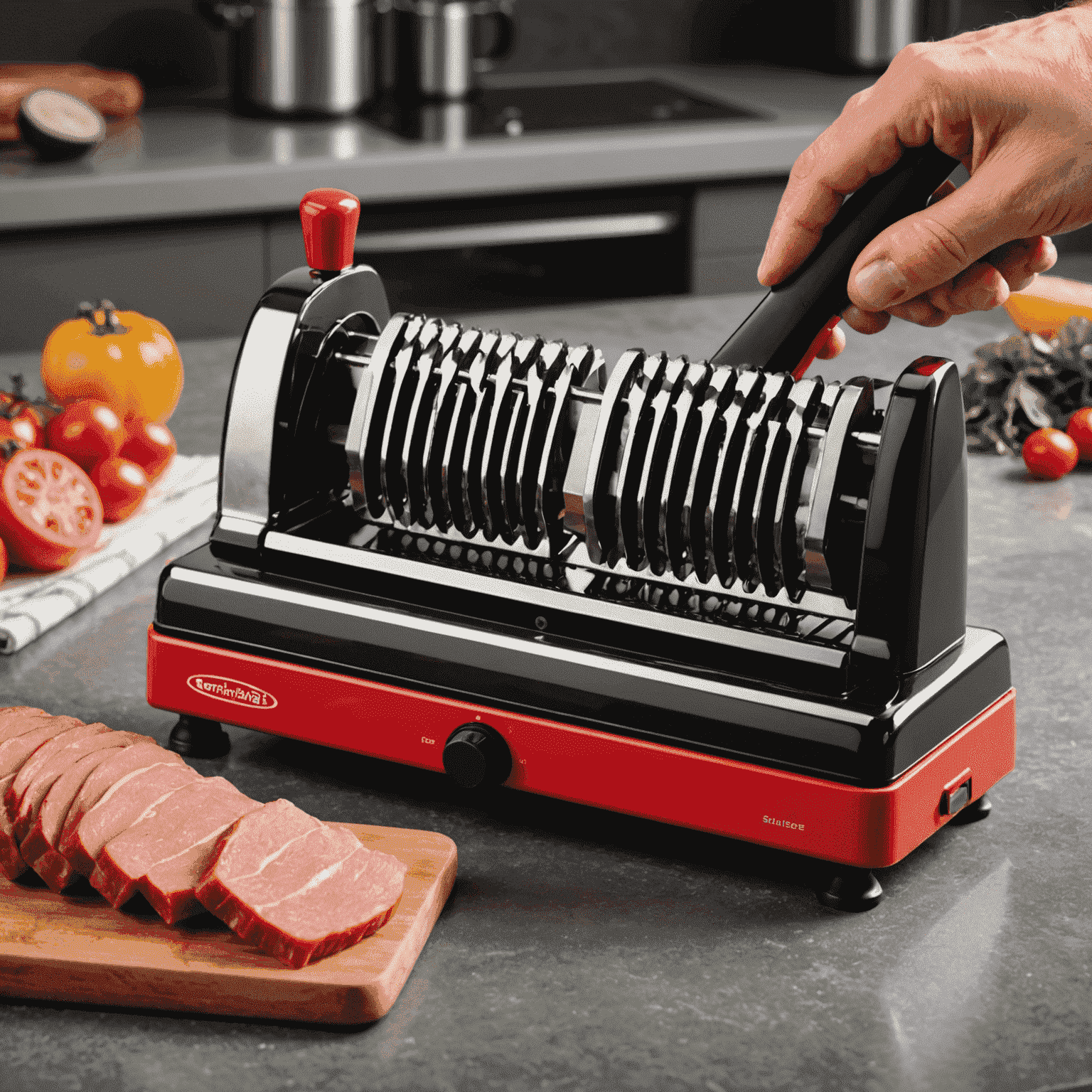 Close-up of the UltraSlice Pro Wiener Slicer's stainless steel blades and ergonomic black and red handle