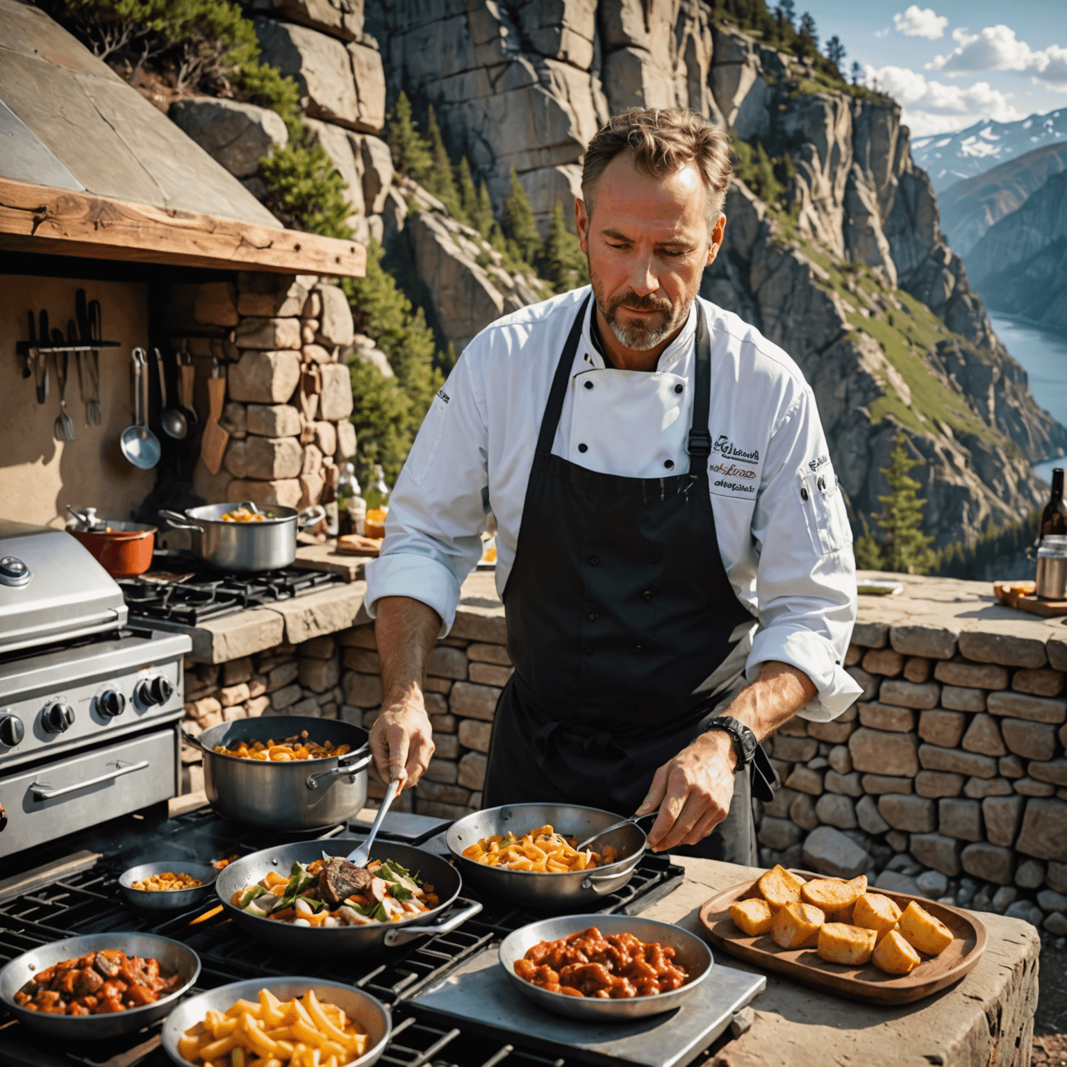 Chef John Rockwell preparing a gourmet meal in an outdoor kitchen set up on a rocky cliff face, with climbing gear visible in the background