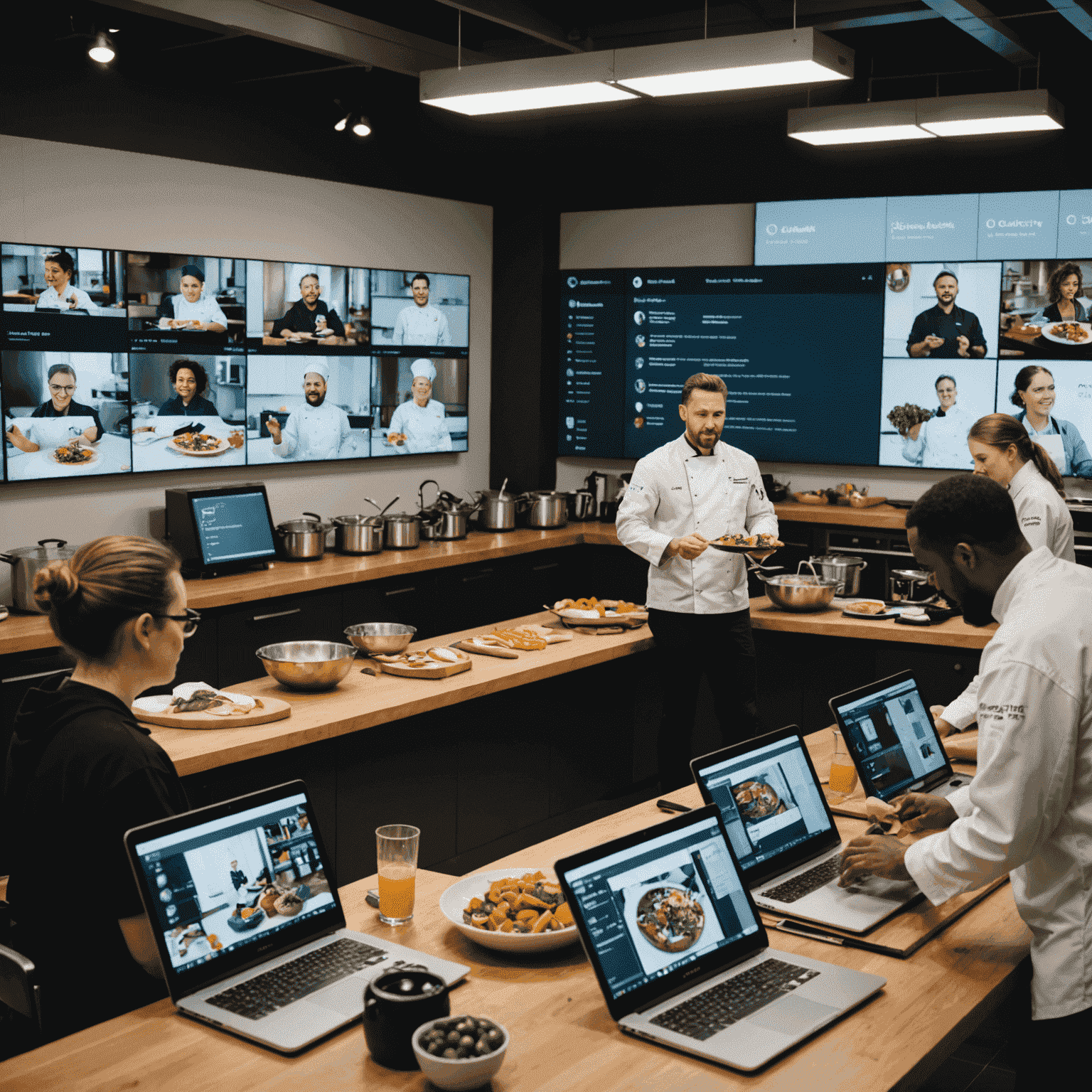A chef demonstrating cooking techniques to a group of students in a virtual setting. The image shows multiple screens with participants actively engaged in the cooking class.