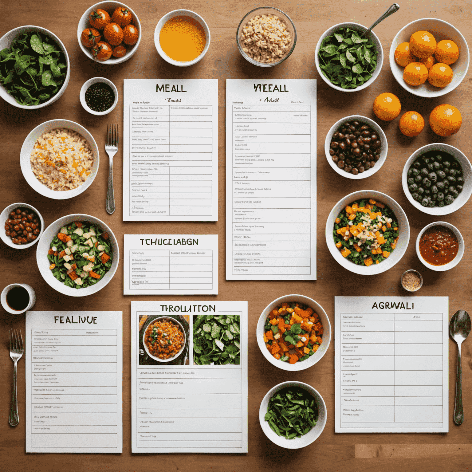 An infographic showing the meal planning process: consultation, plan creation, grocery list, and meal prep tips