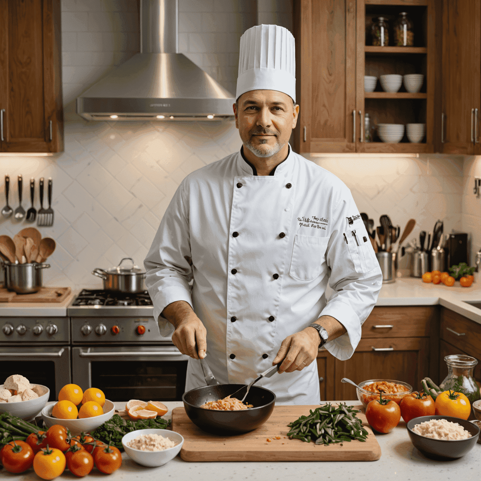A renowned chef in a professional kitchen, demonstrating cooking techniques with various ingredients spread out on the counter