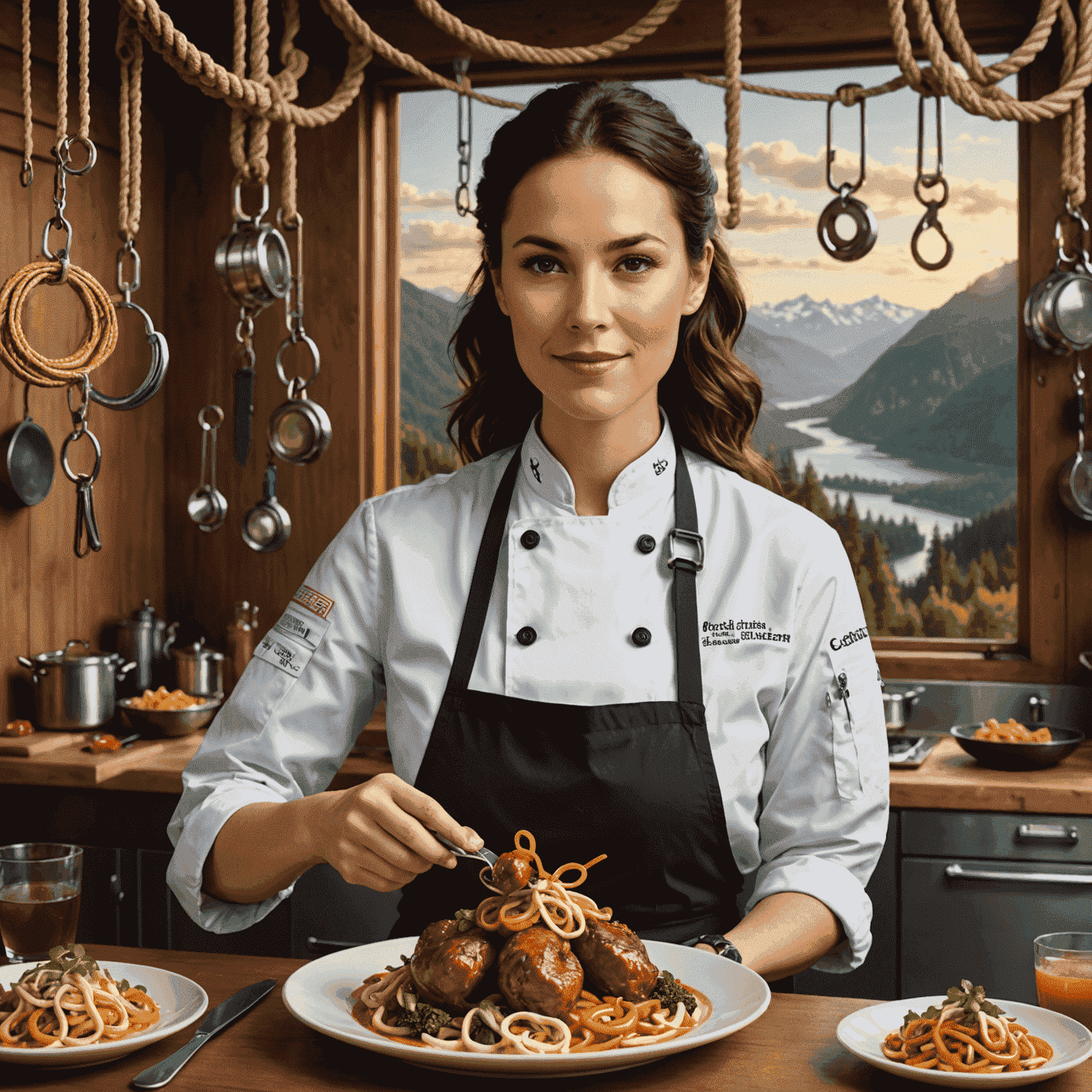 Chef Amelia Sears presenting a beautifully plated fusion dish that combines elements of traditional Wiener cuisine with Asian influences, set against a backdrop of climbing ropes and carabiners