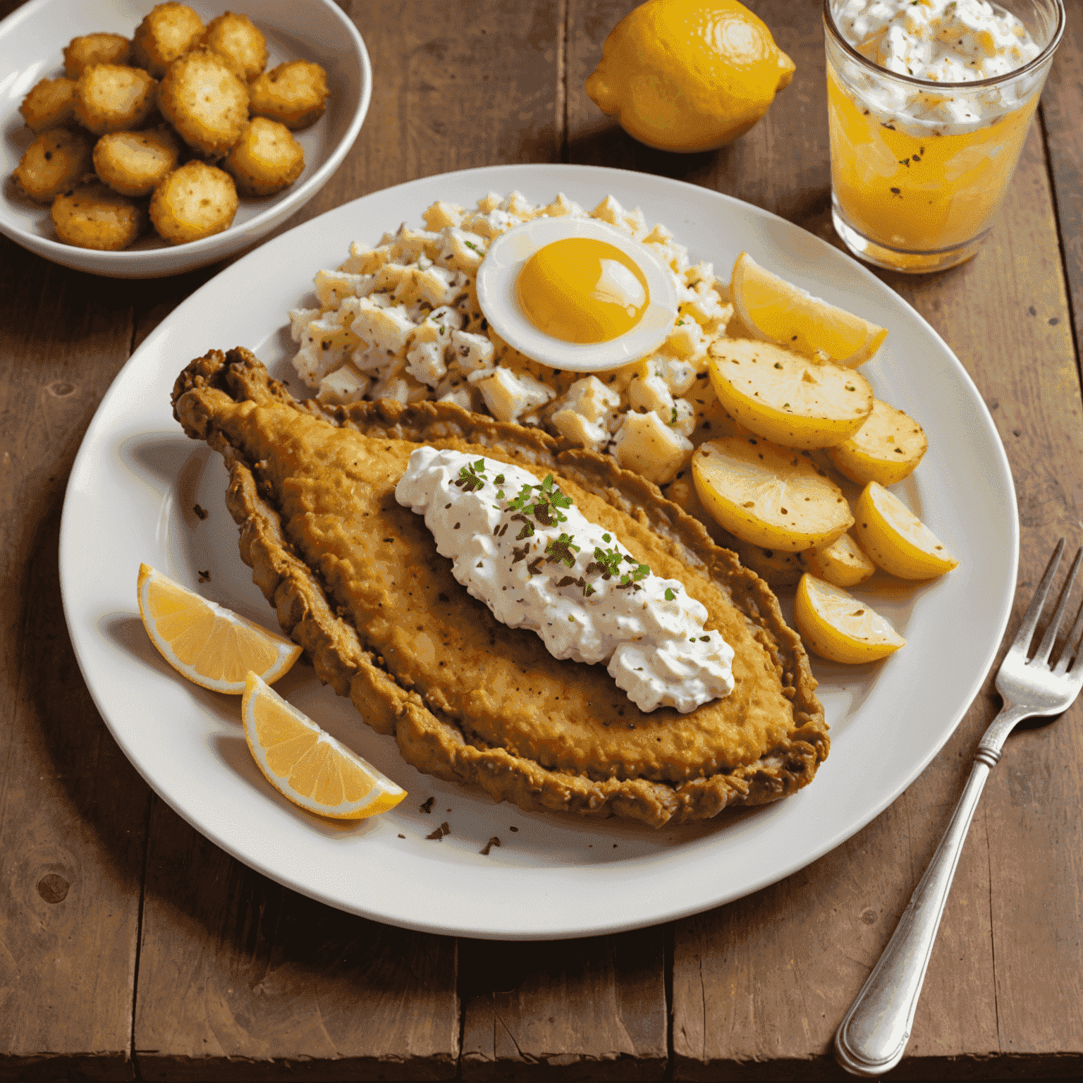 A perfectly golden-brown Wiener Schnitzel served with a lemon wedge and a side of potato salad