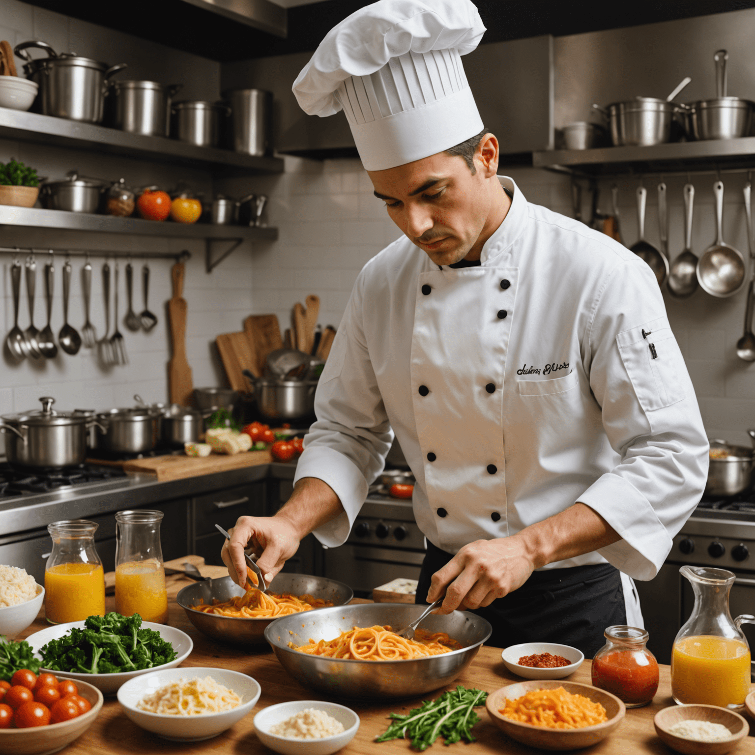 A cook preparing a complex dish with multiple ingredients