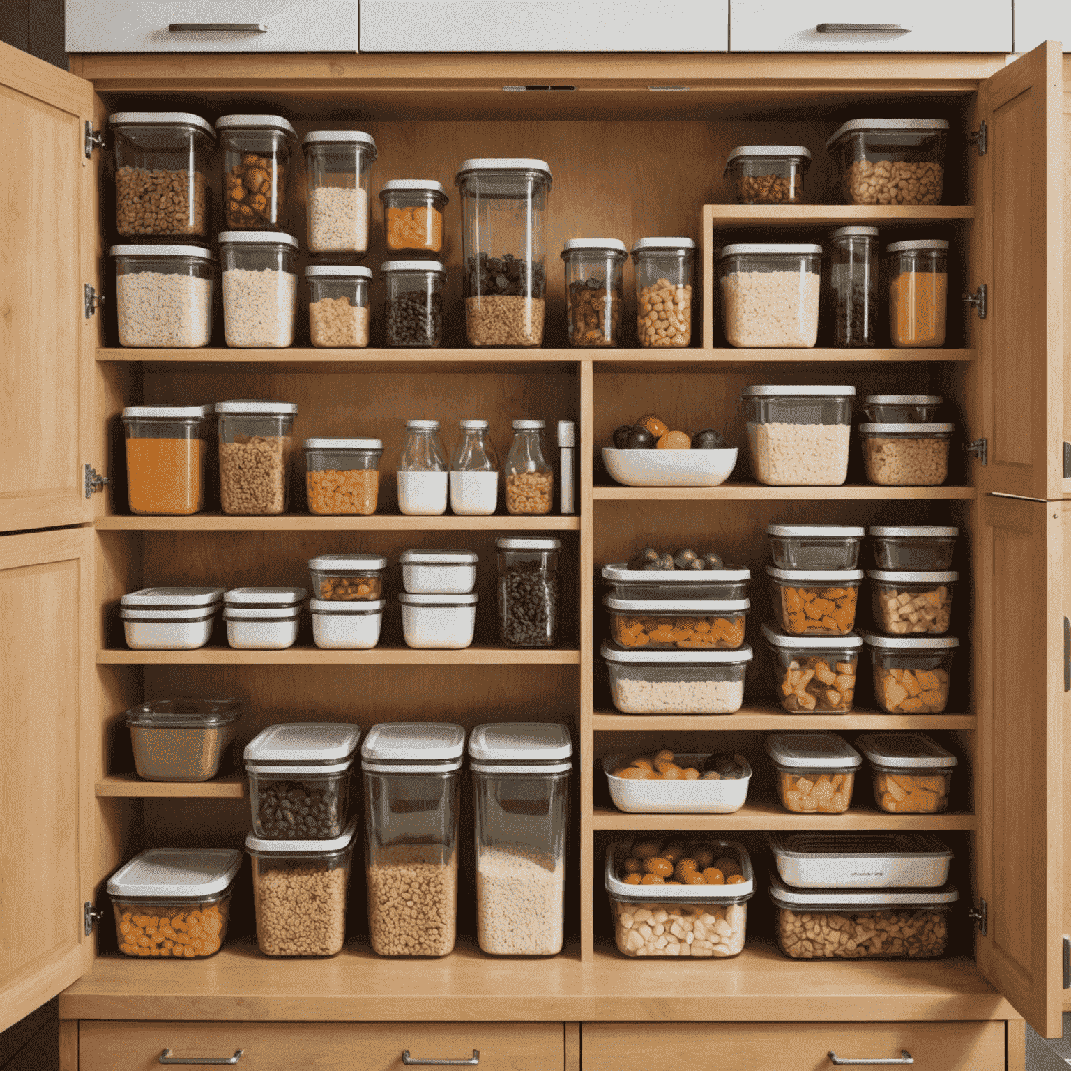 A well-organized kitchen with labeled containers, efficient storage solutions, and a clean workspace. The image showcases smart organization techniques for a functional cooking environment.