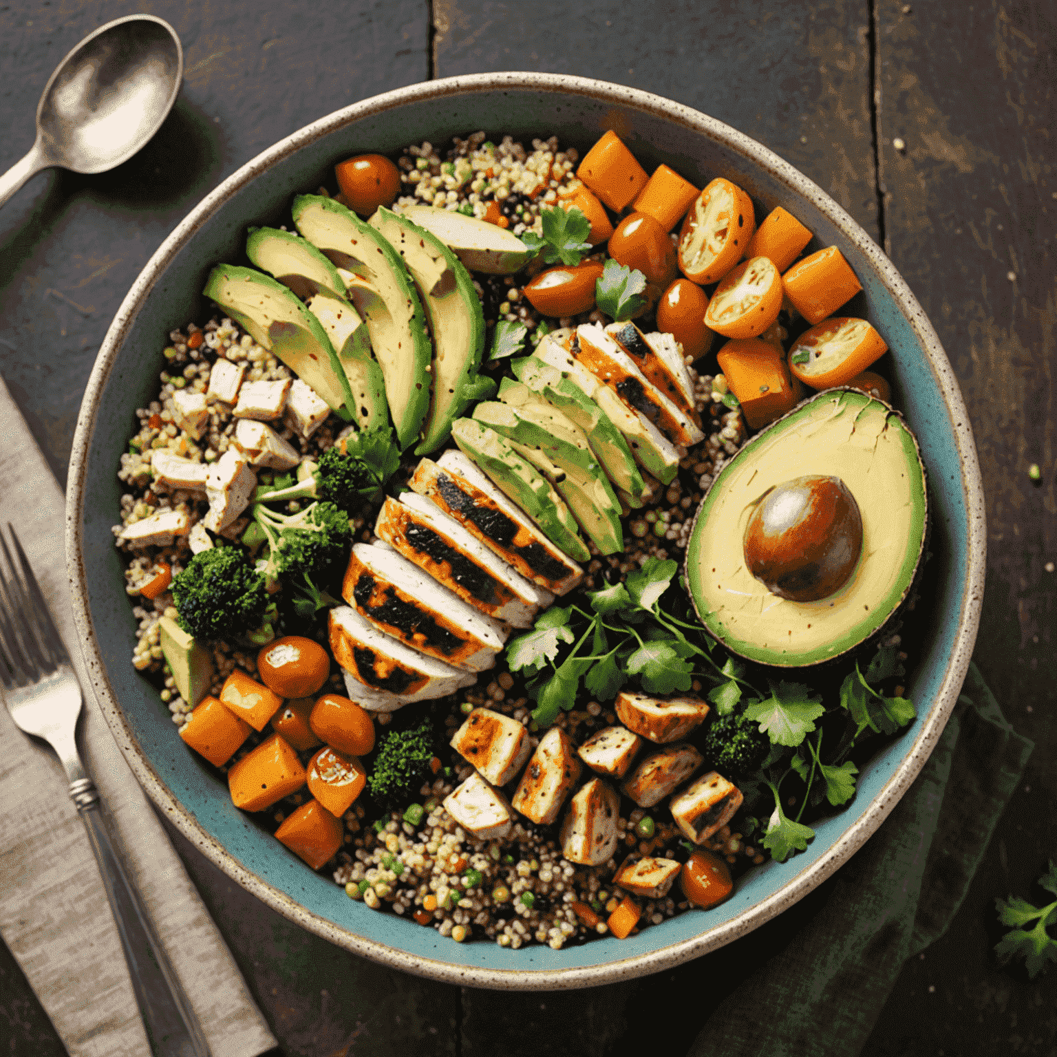 A colorful bowl filled with quinoa, grilled chicken, avocado, and various vegetables, perfect for fueling rock climbing activities