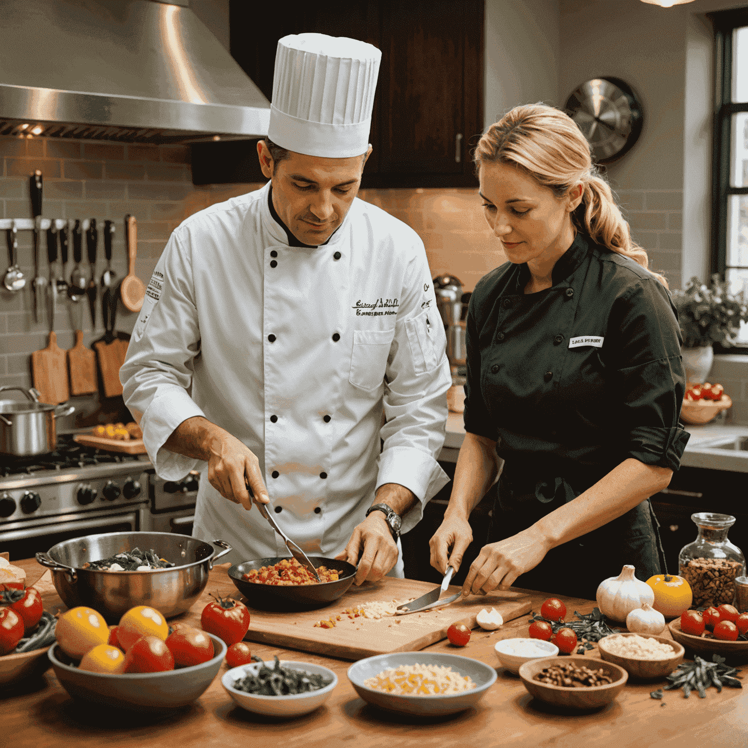 A professional chef consulting with a client, discussing culinary techniques over a table with various ingredients and cooking tools. The image conveys a personalized, one-on-one learning experience.