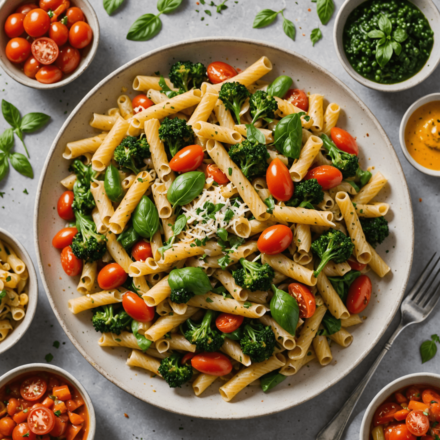 A vibrant pasta dish loaded with colorful vegetables and a light, herb-infused sauce