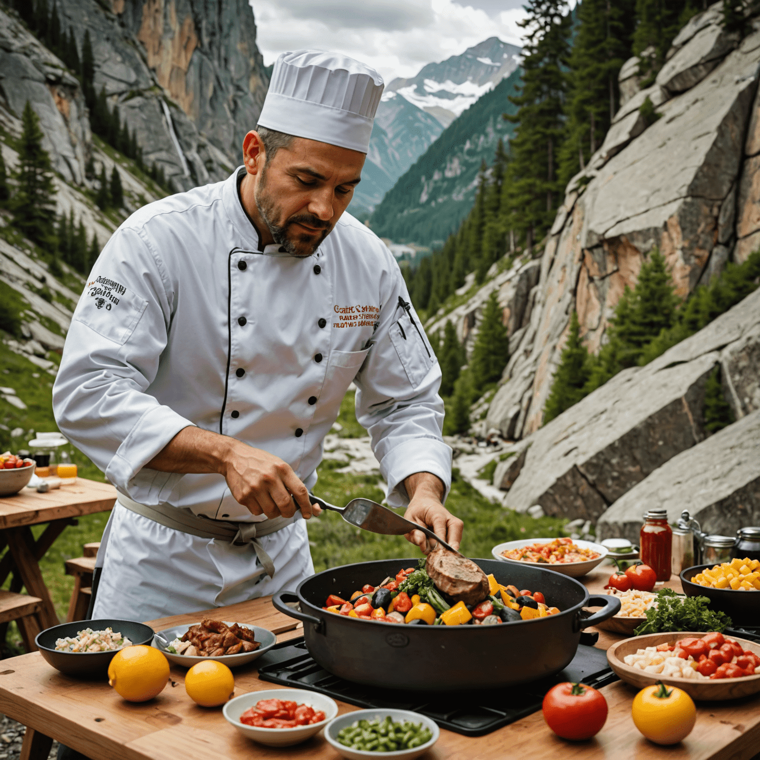 A chef teaching how to prepare a gourmet meal suitable for outdoor activities like rock climbing